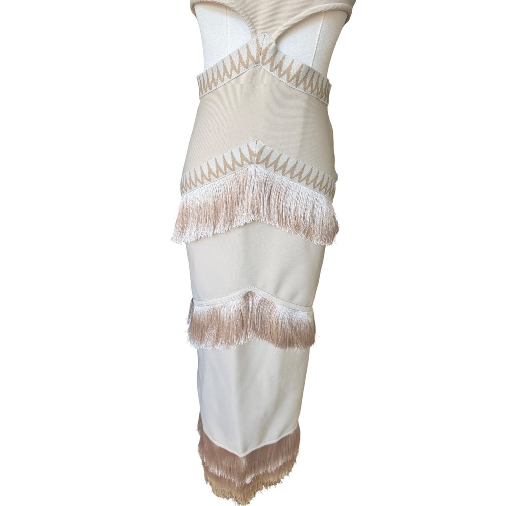 Fringe Cutout Boho Bodycon Midi Dress Size S Luxe Statement Cocktail Vegas Date - Picture 6 of 14